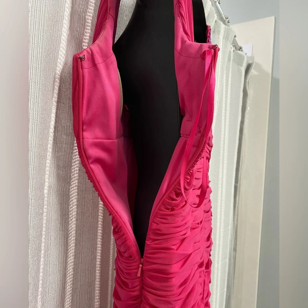 Hot Pink & Iridescent Beads Sleeveless Rouched Bodycon Homecoming Prom Dress S/M